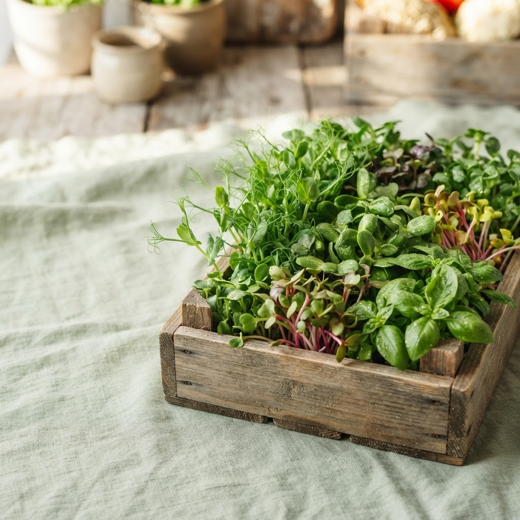 Freshly harvested microgreens in a wooden crate