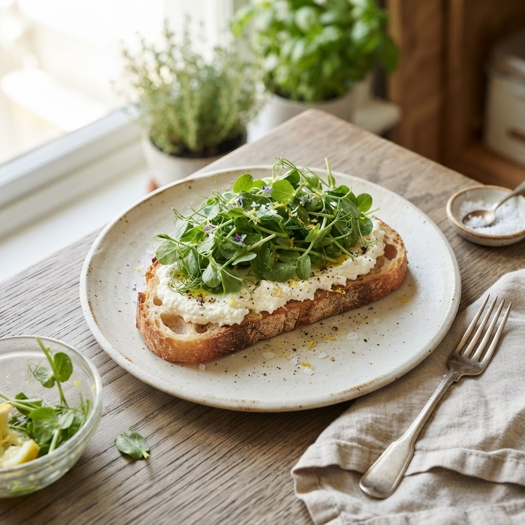 Finished Lemony Pea Shoot Ricotta Toast